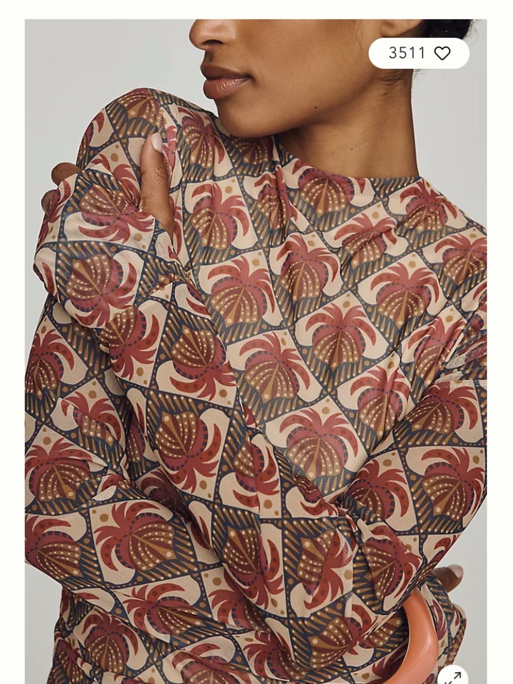 Long Sleeve Rust/Tan/Maroon Patterned Farm Rio Mesh/Rouched Maxi Dress - Picture 4 of 6